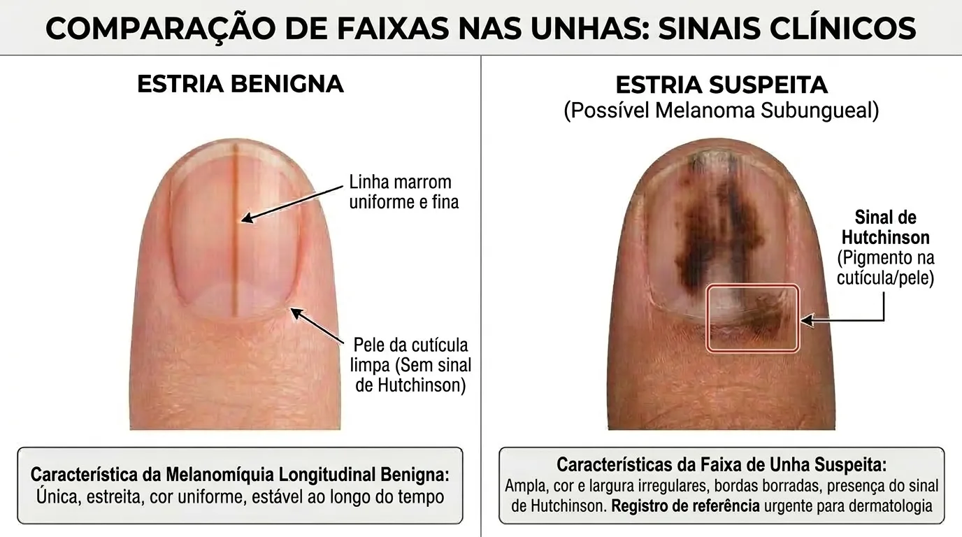 Câncer de pele em pele negra: melanoma subungueal com faixa escura irregular na unha