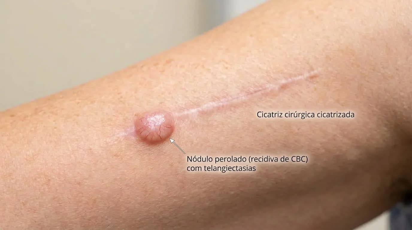 Recidiva de câncer de pele: nódulo surgindo na borda de uma cicatriz de cirurgia anterior