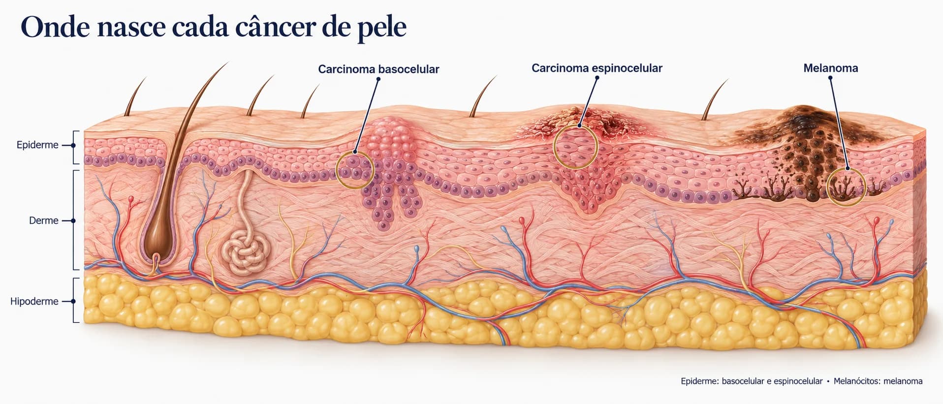 Camadas da pele e origem dos três principais tipos de câncer de pele