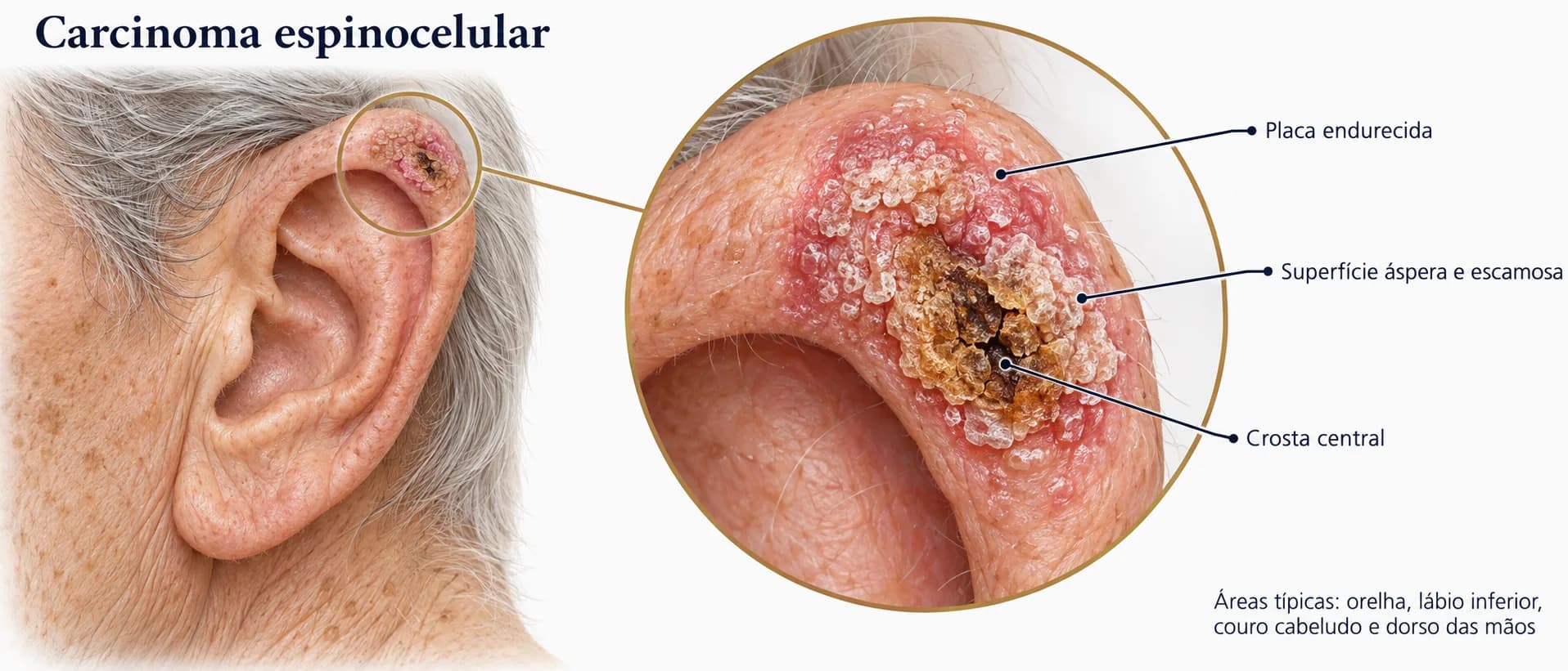 Carcinoma espinocelular na orelha em ilustração educativa
